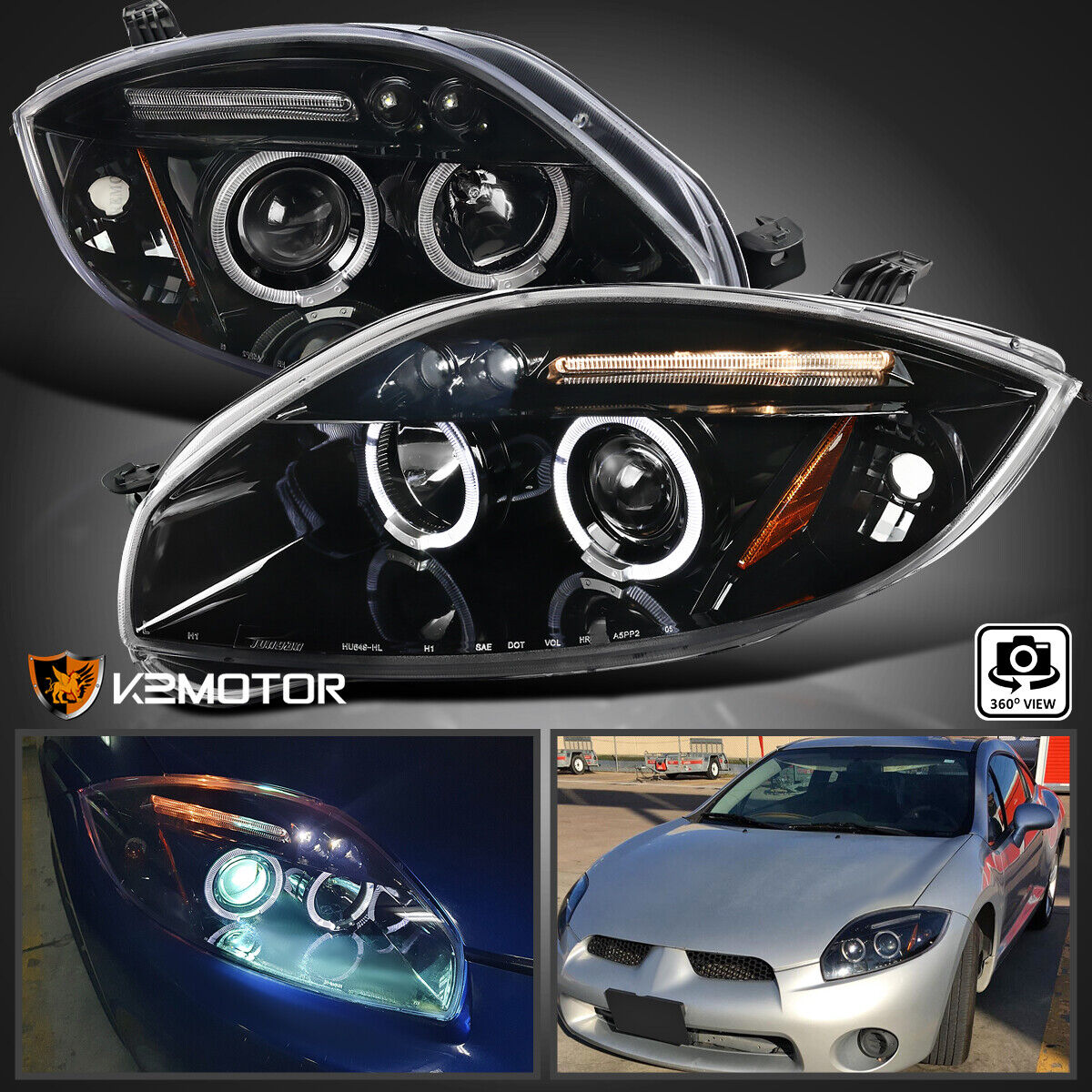 Jet Black Fits 2006-2012 Mitsubishi Eclipse LED Halo Projector Headlights 06-11