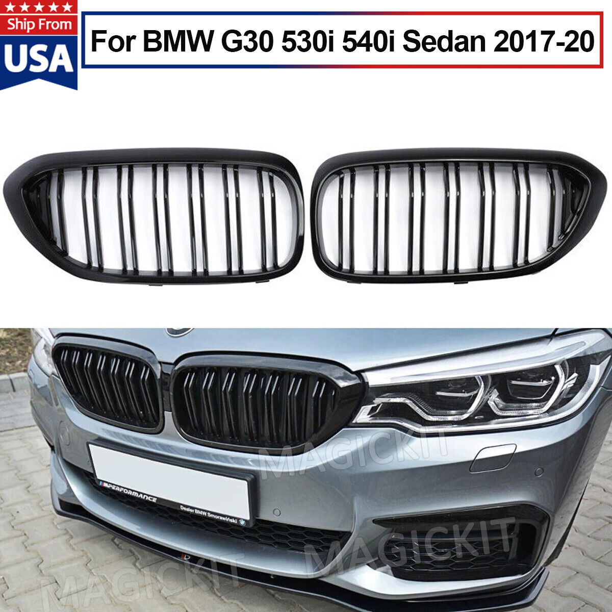 Shiny Black Front Kidney Grille Grill For BMW G30 G31 5-Series 530i 540i 2017-20