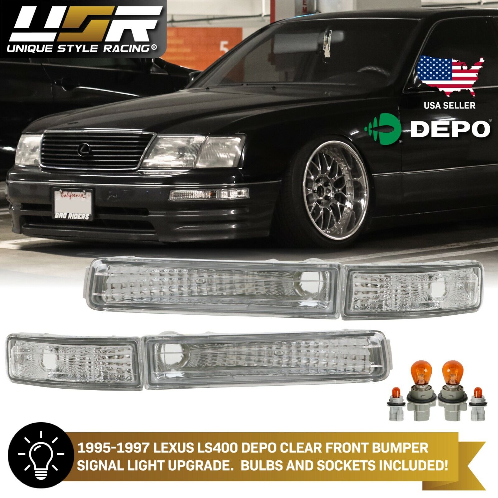 DEPO Crystal Clear Front Bumper Signal Lights For 1995-1997 Lexus LS400 LS 400