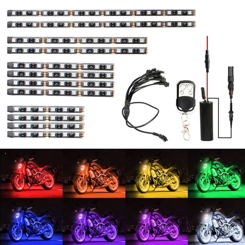 12Pcs Motorcycle RGB 120LED Waterproof Under Glow Lights Strip Neon Kit + Remote