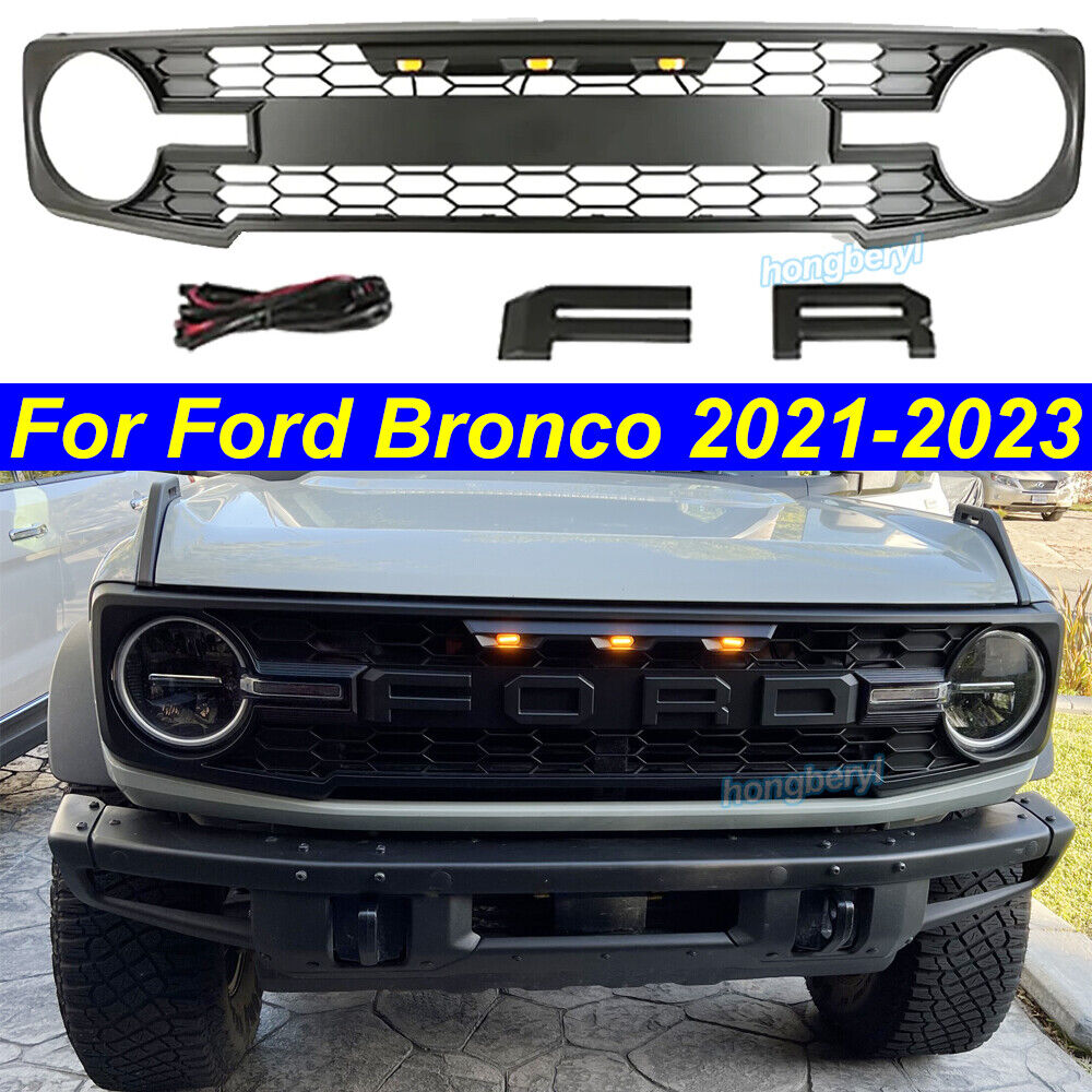 Front Grille For 2021 2022 2023 Ford Bronco Raptor Style Grill Matte Black W/LED