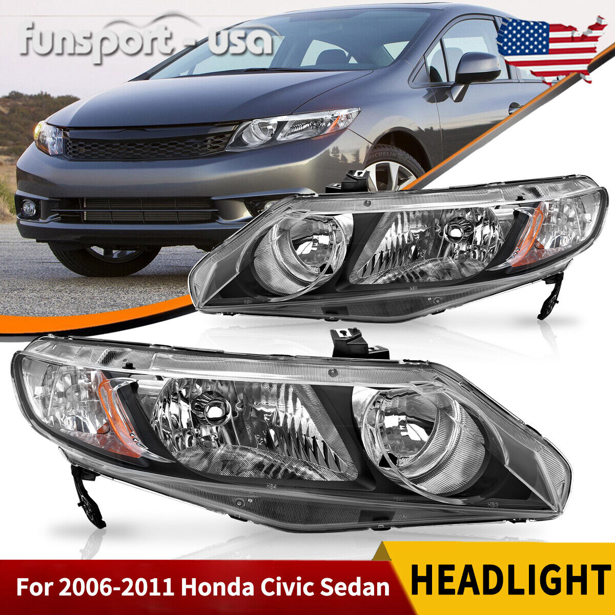 Headlights Assembly for 2006-2011 Honda Civic Sedan 4Dr Black Headlamps Pair Set