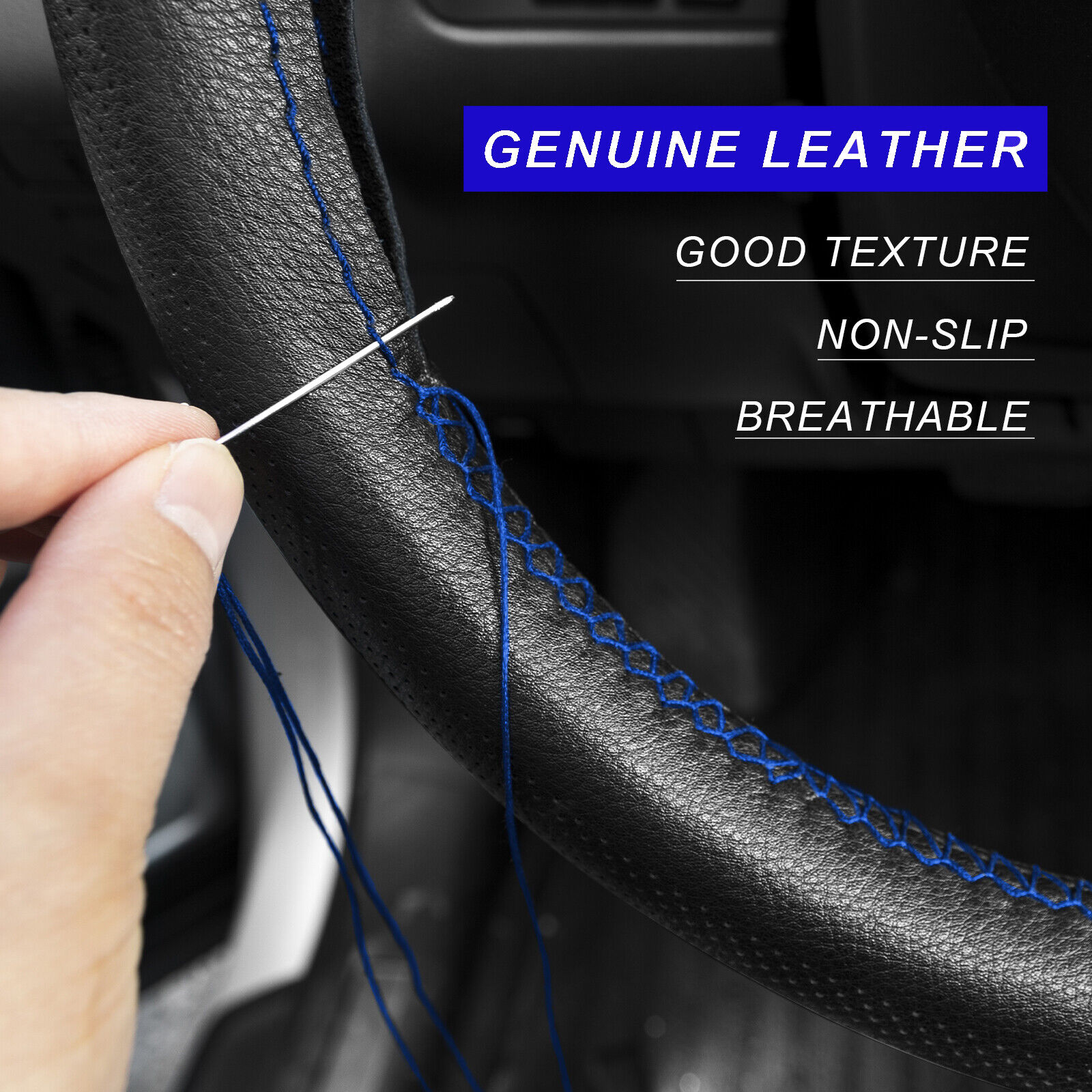 Car Steering Wheel Cover Genuine Leather Anti-slip DIY 38cm 15'' Blue Breathable