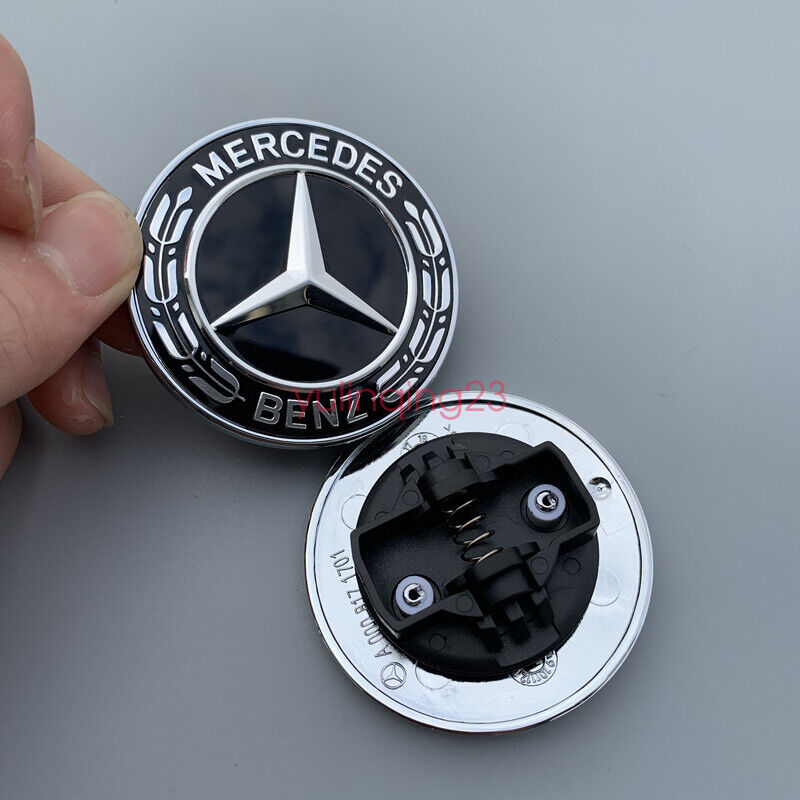 For Mercedes Benz AMG C300 C43 C63 Black Silver Laurel Wreath Hood Badge Emblem