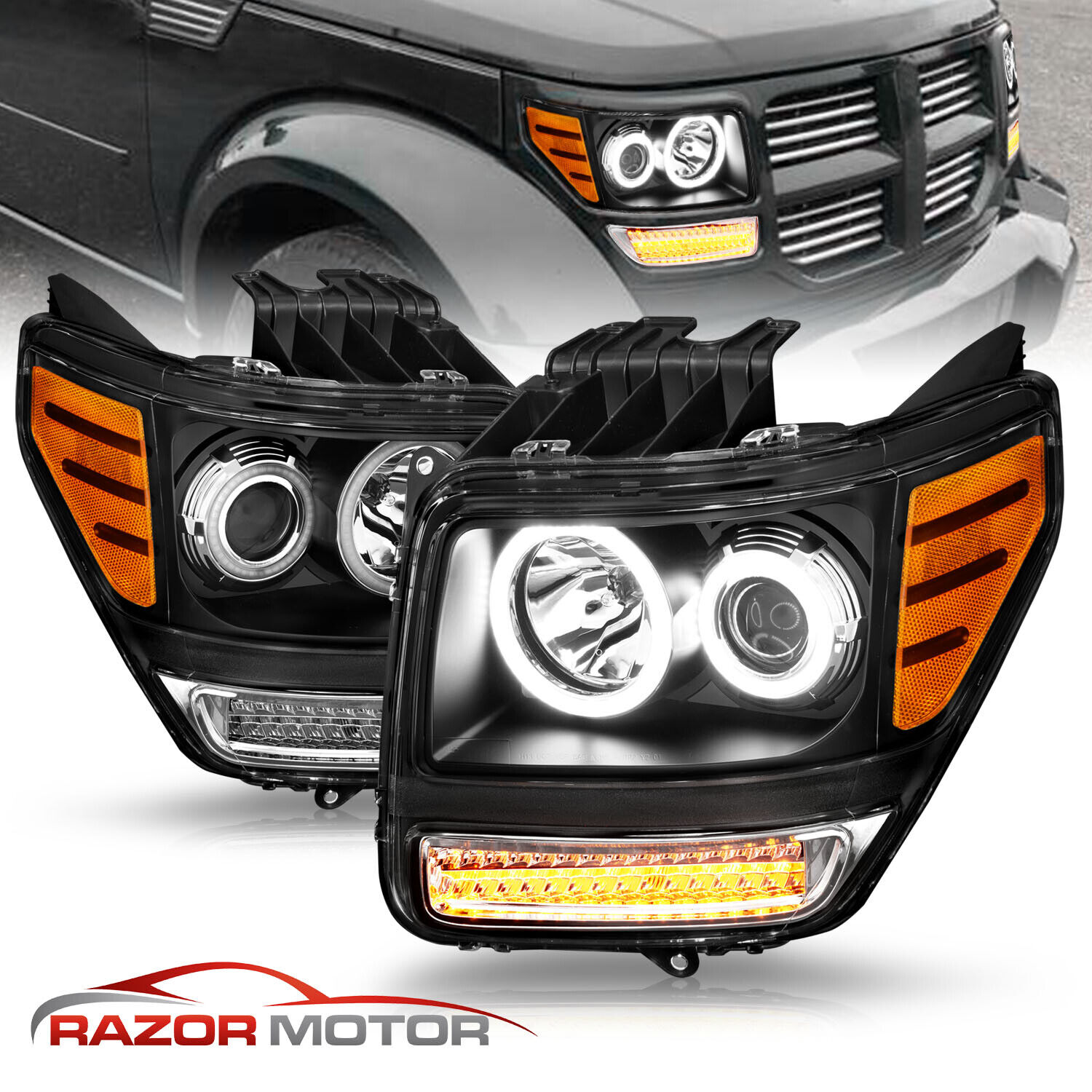 2007-2012 For Dodge Nitro LED Turn Signal Projector Black Headlights Pair
