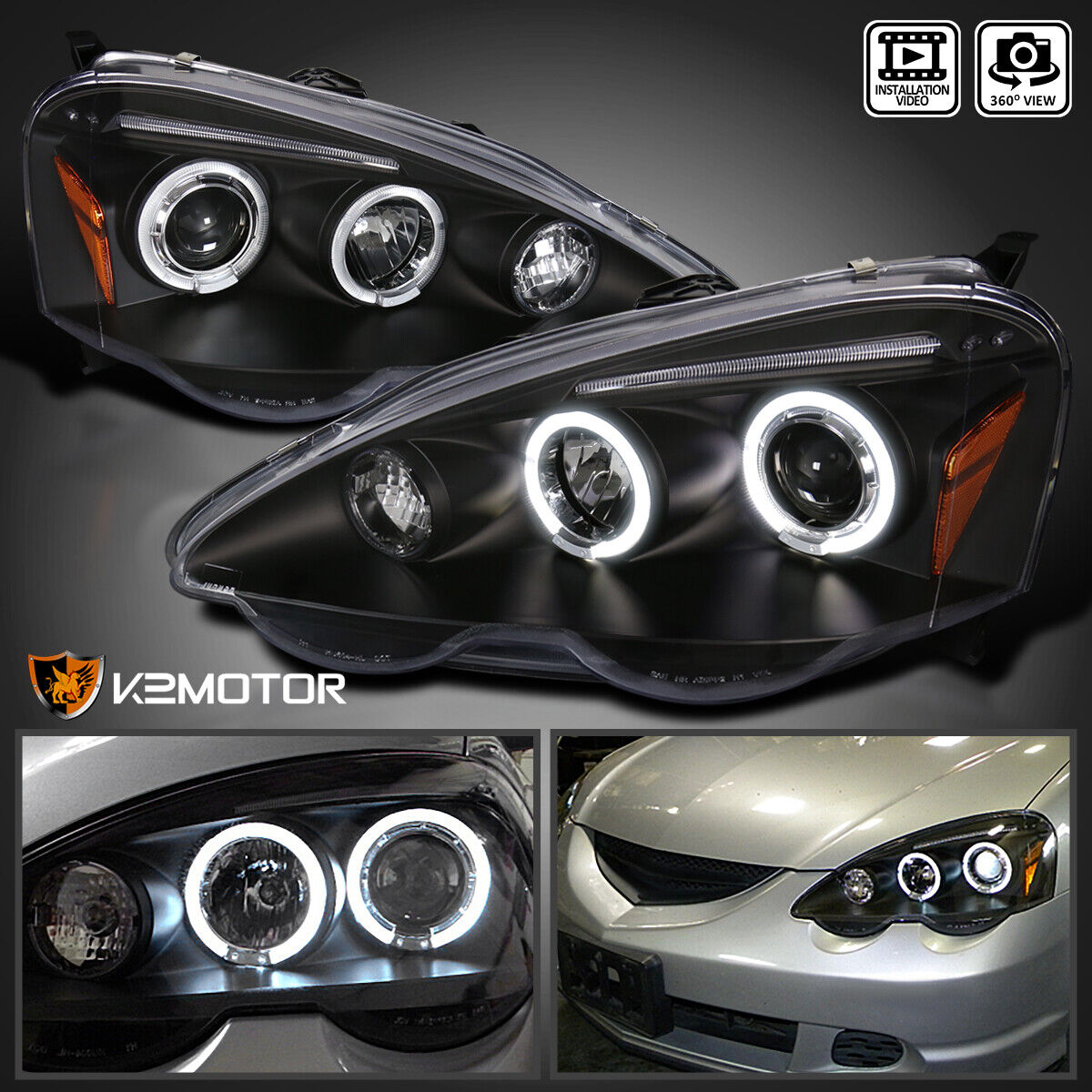 Black Fits 2002-2004 Acura RSX LED Halo Rim Projector Headlights Lamp Left+Right
