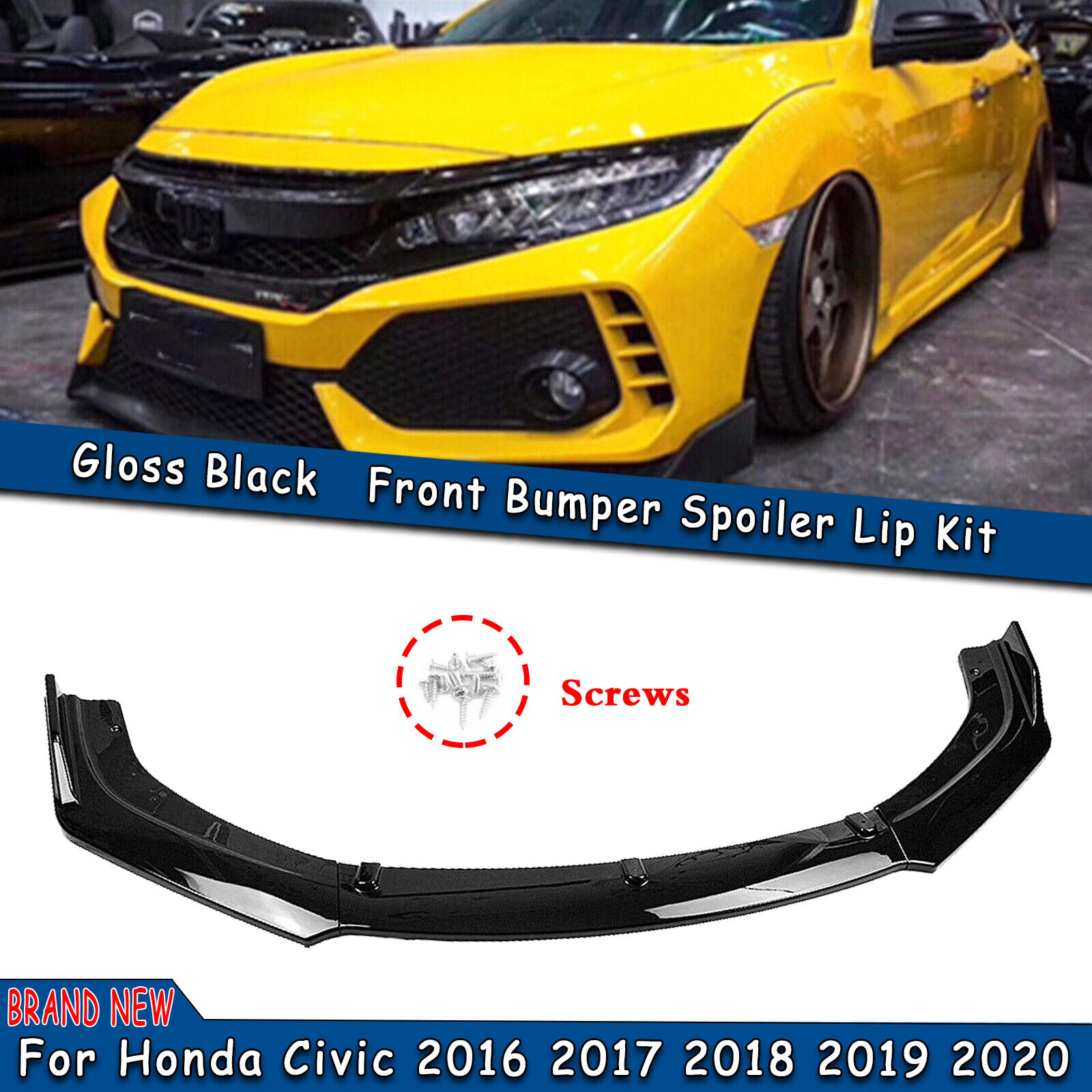 Front Bumper Cover Lip Spoiler Trim For Honda Civic 2016 2017-2020 Glossy Black