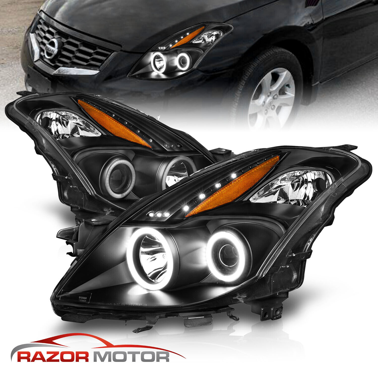 2008 2009 For Altima 2DR Coupe Black CLEAR AMBER Projector Headlights
