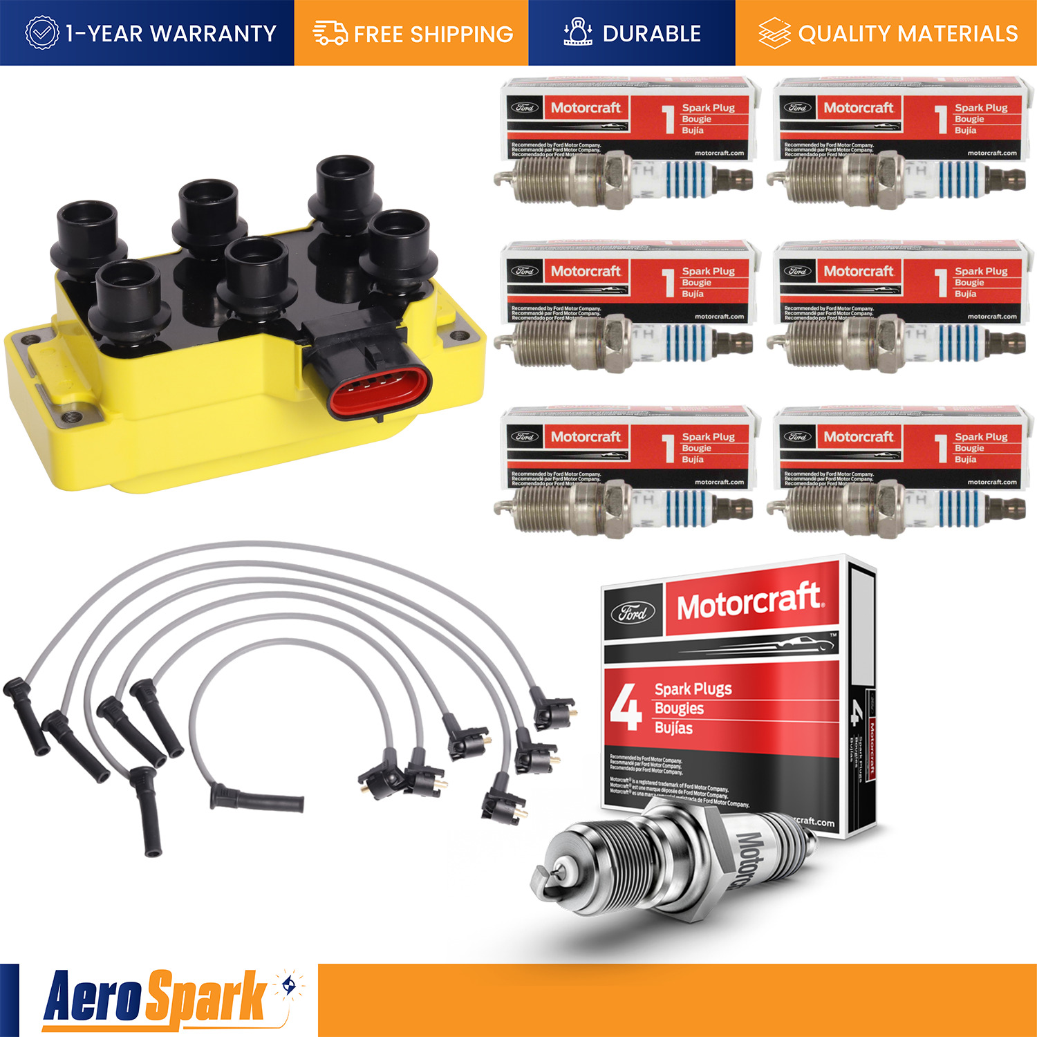 1 Ignition Coil + Wireset + 6 Motorcraft Spark Plug for Ford Explorer