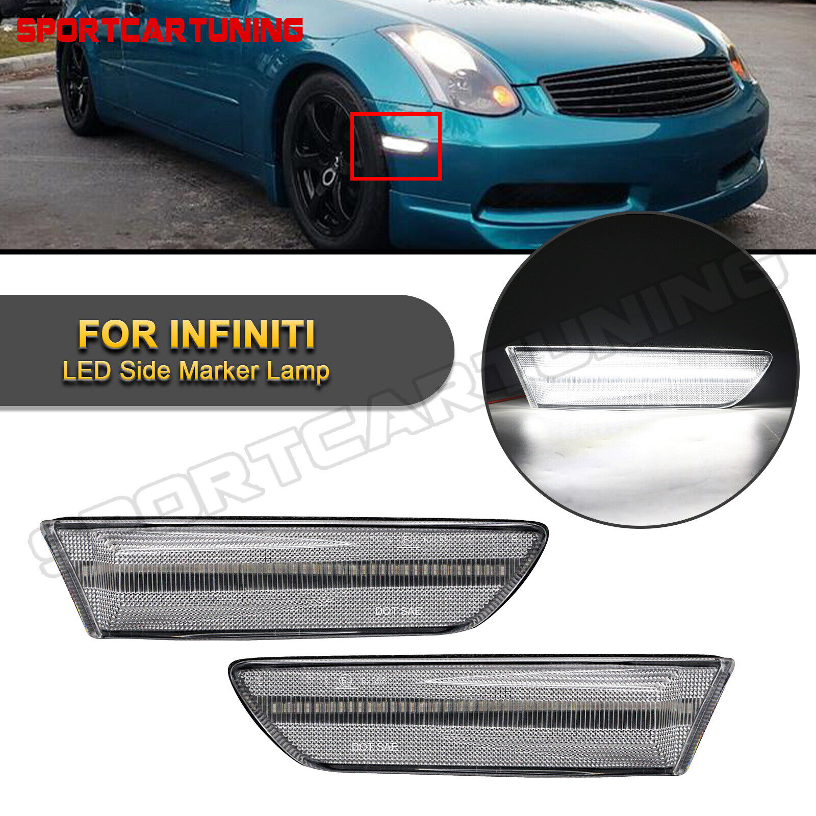 For 03-07 Infiniti G35 Coupe White LED Front Bumper Side Marker Light Clear Lens