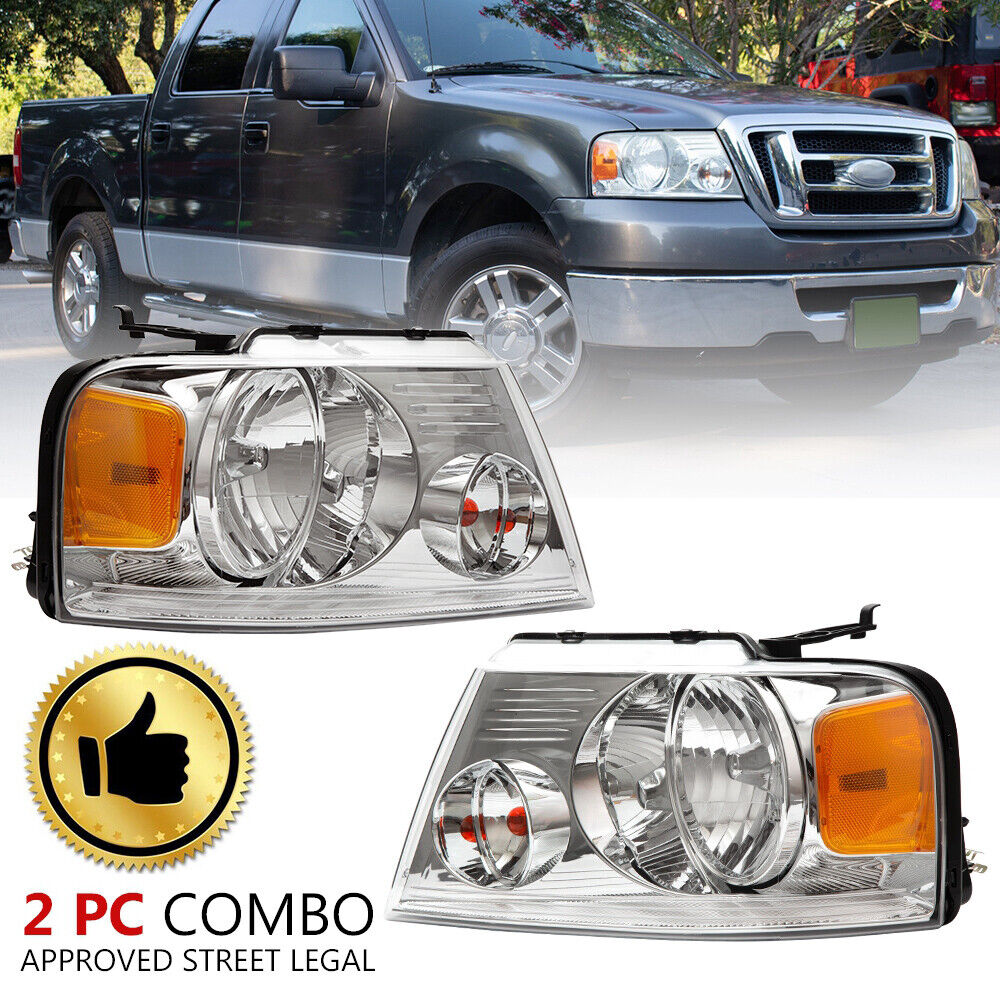 Chrome Housing Headlights Fit For 2004-2008 Ford F-150 F150 Clear Side Headlamps