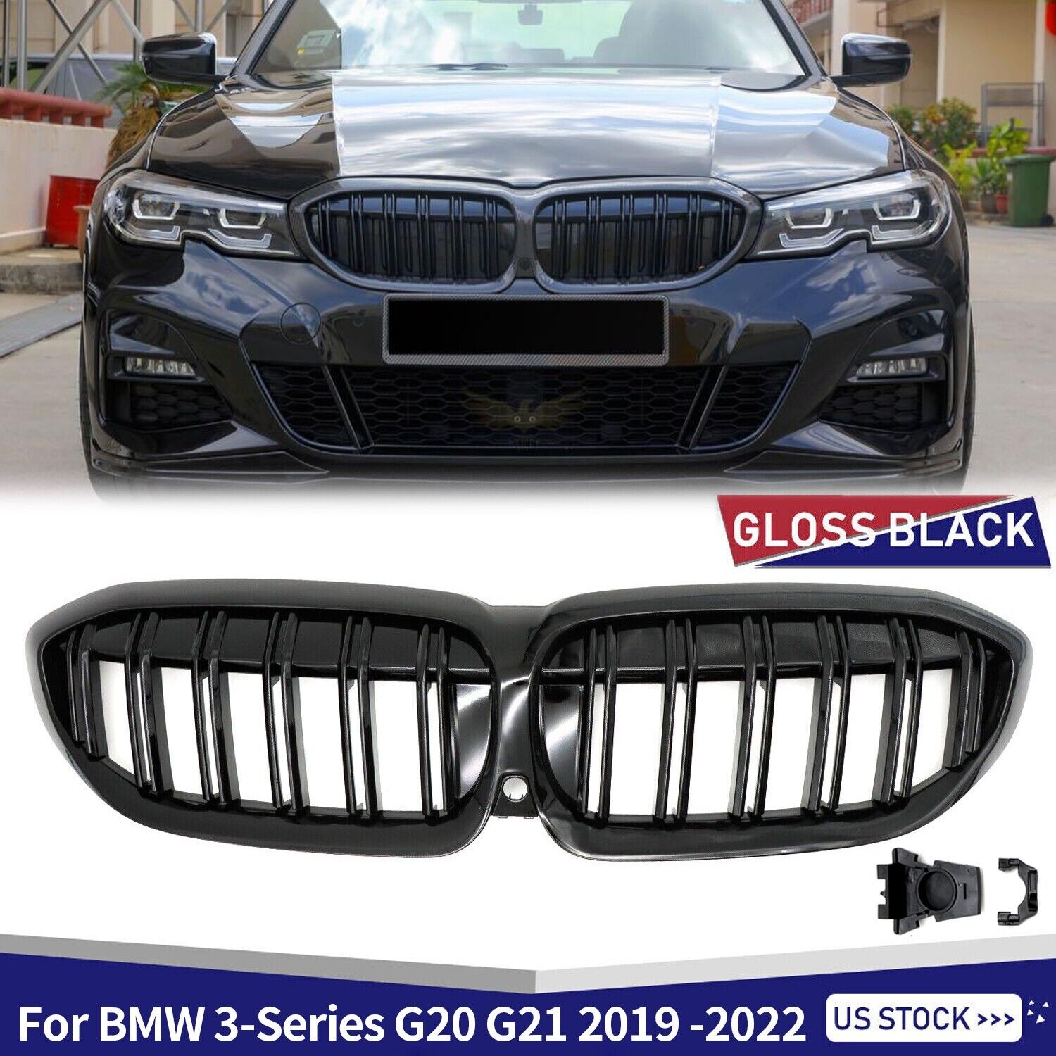 For BMW G20 G21 3-Series 330i 2019 -2022 Front Bumper Kidney Grills Gloss Black