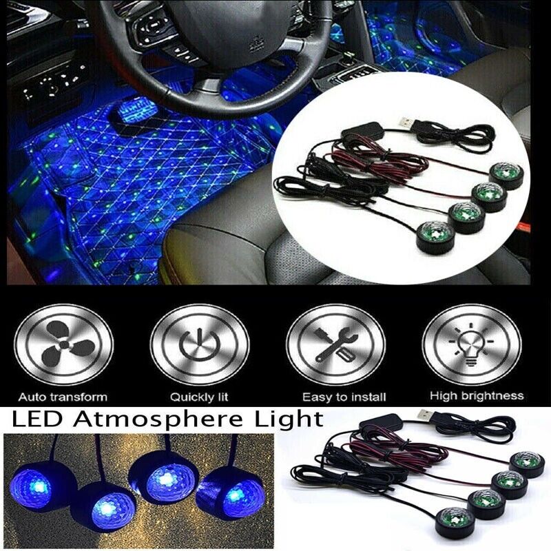4x LED Car Interior Atmosphere Neon Lights Strip Music Control Floor Decor Light