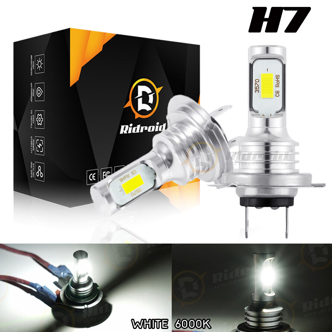2 LED Headlight Bulbs Conversion Kit H7 High Low Beam Headlamp 6000K Super White