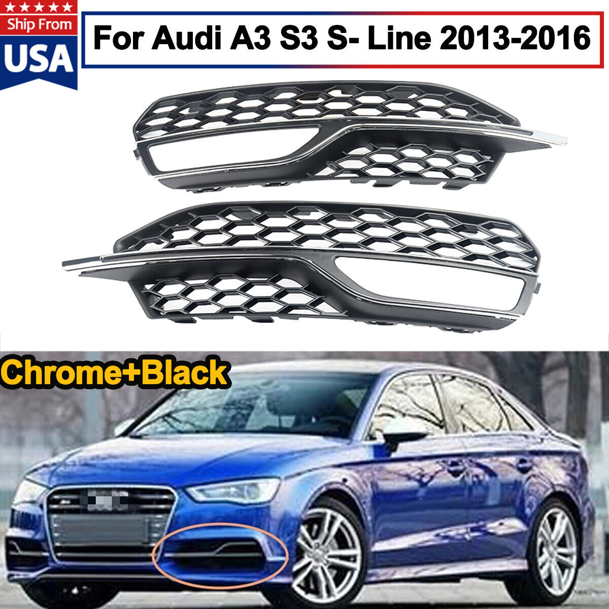 Fit For AUDI A3 S line 2013-2016 S3 FOG LIGHT COVER LOWER BUMBER GRILL GRILLES