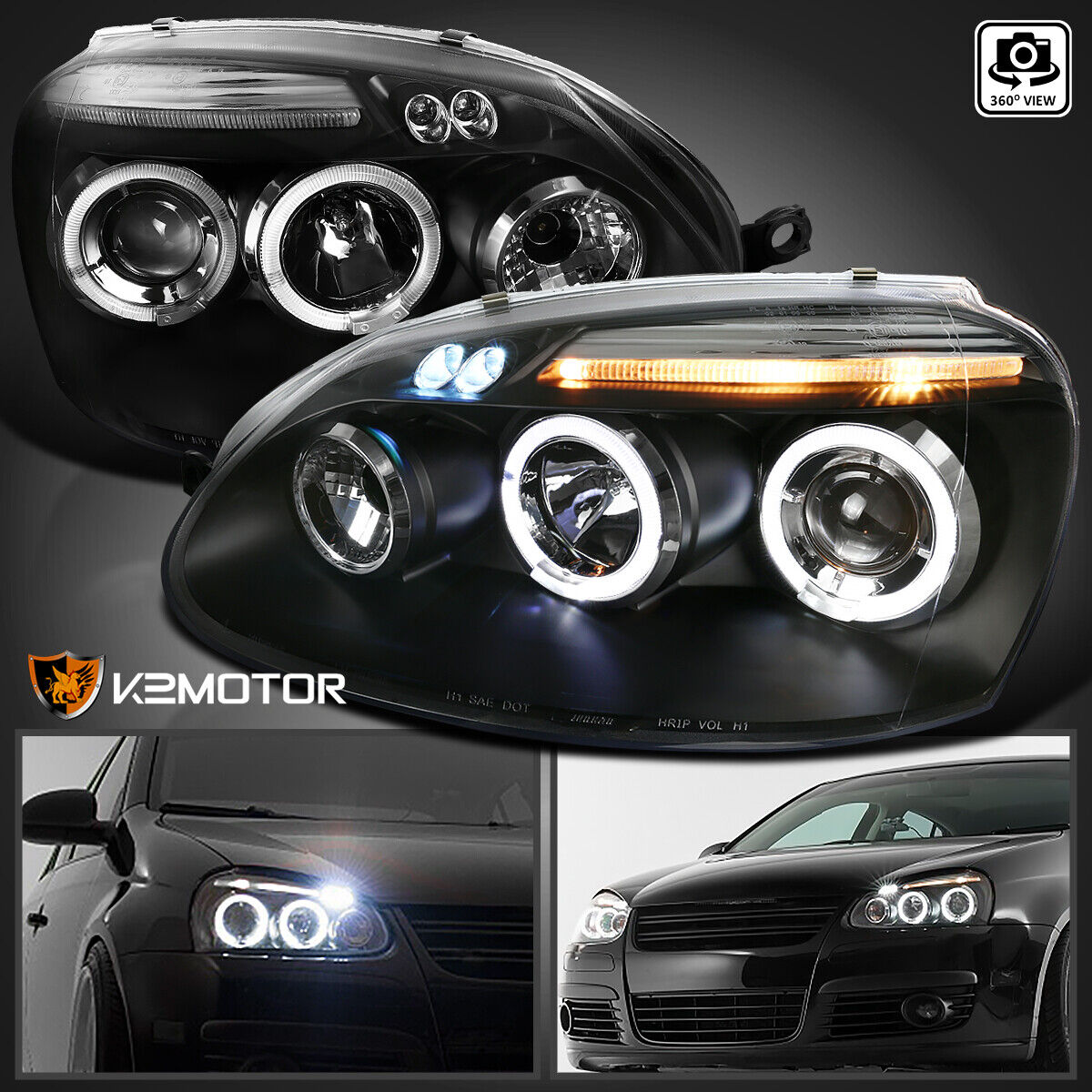 Fits 2006-2010 VW Jetta MK5 Golf Rabbit LED Halo Projector Headlights Black
