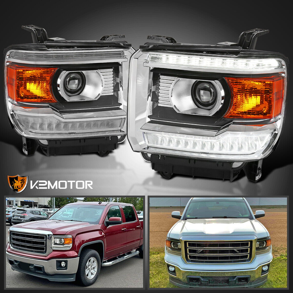 Fits 2014-2019 GMC Sierra 1500 LED Strip Projector Headlights Lamps L+R 14-19