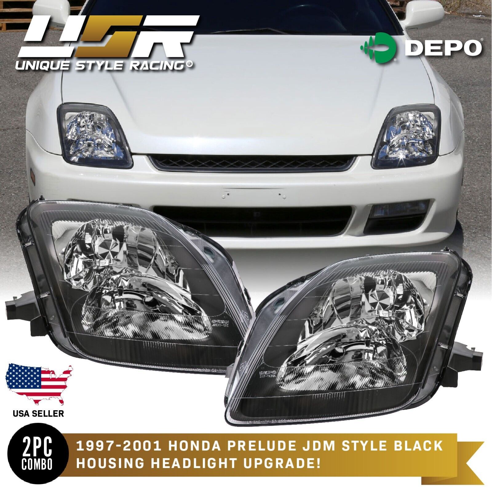 DEPO JDM Black Housing Replacement Headlight Pair For 1997-2001 Honda Prelude