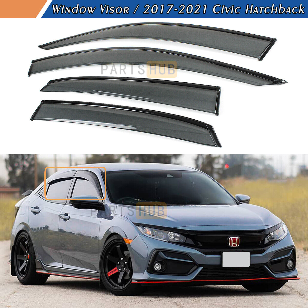 For 17-2021 Honda Civic Hatchback FK7 Black Trim Smoked Window Visor Rain Guard