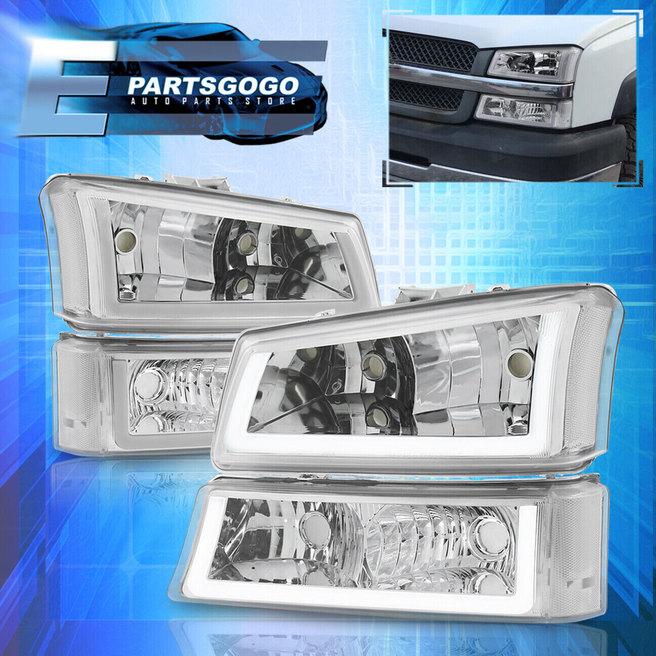 For Chevy Silverado 2003-2007 LED DRL Headlights + Bumper Lamps Chrome Housing