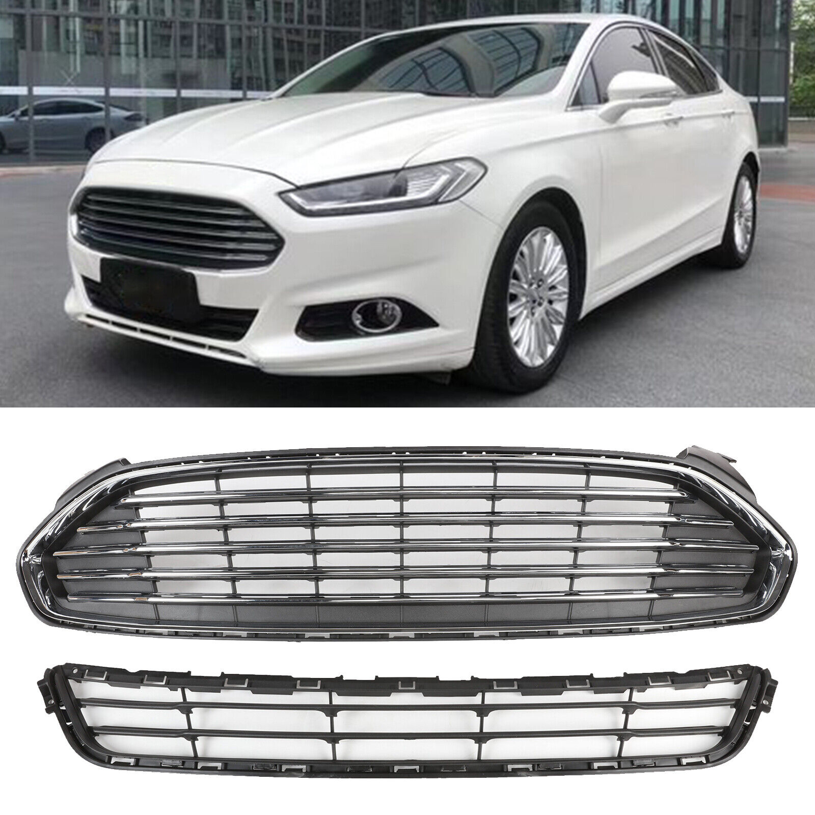 2Pcs Front Bumper Upper+Lower Grille Grill For Ford Fusion 2013-2016