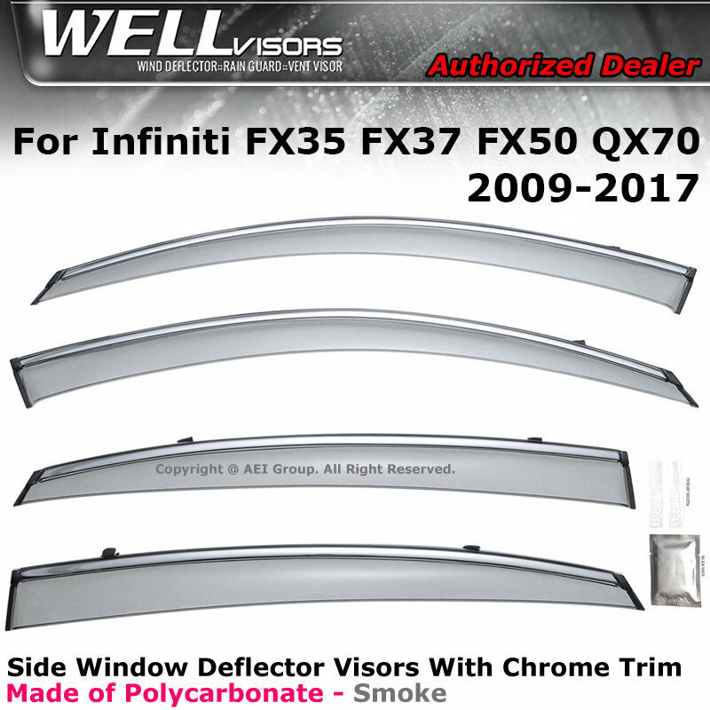WELLvisors For FX35 FX37 FX50 QX70 09-17 Window Visors Rain Guards Chrome Trim