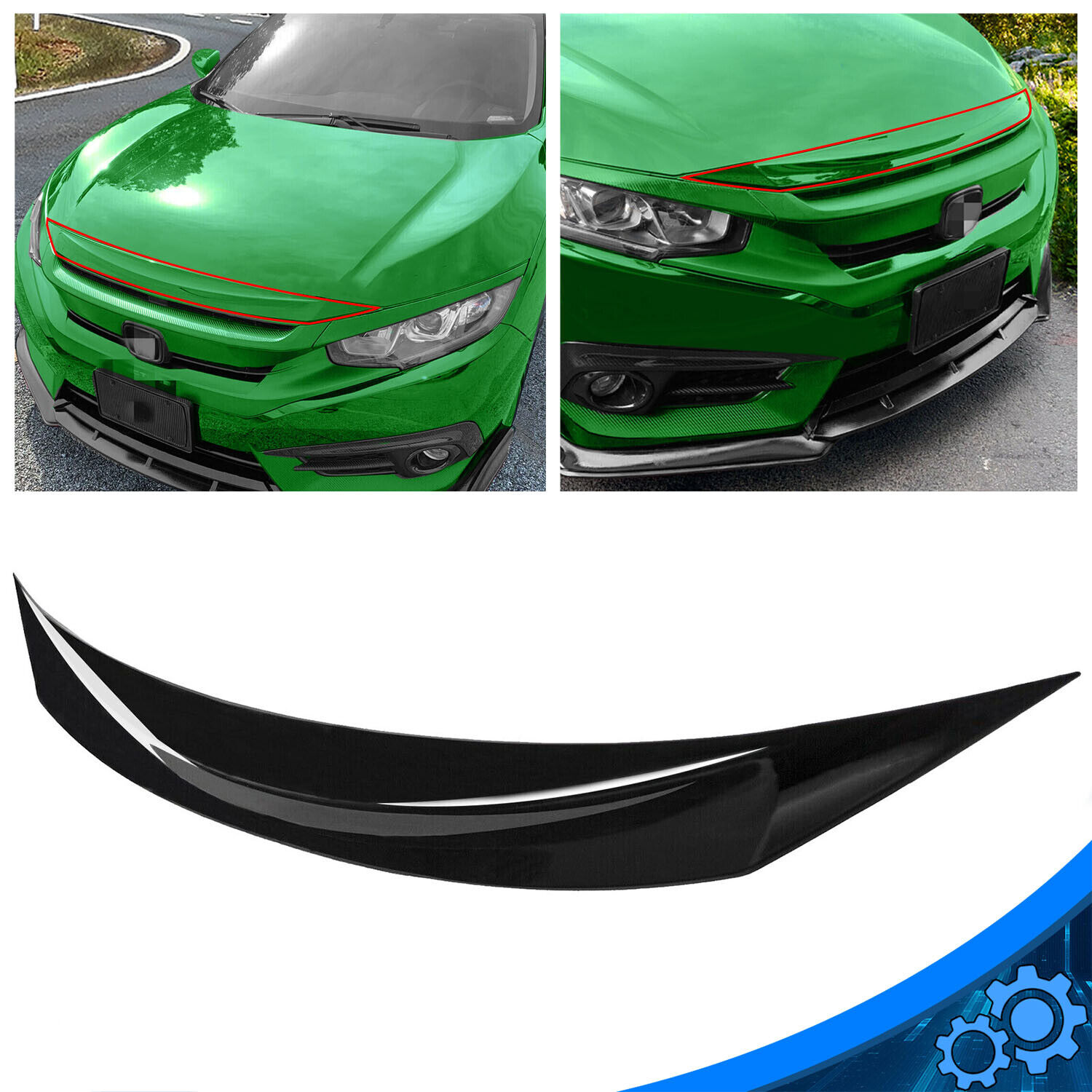 For 16-21 Honda Civic Si Gloss Black Painted Front Hood molding Trim Nose Cover
