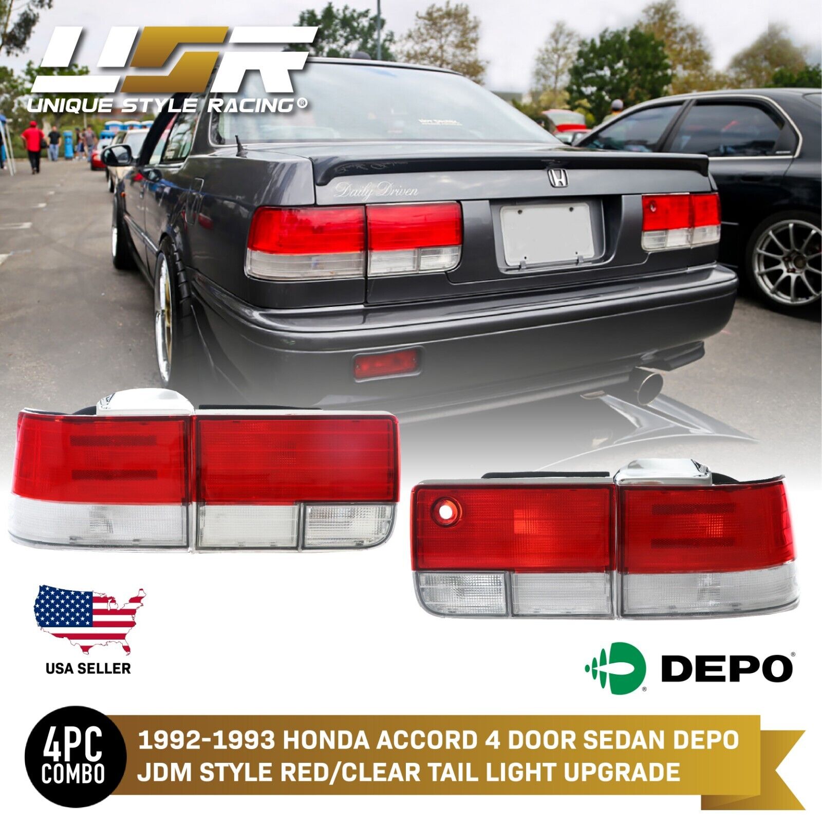 DEPO JDM RED / CLEAR Rear 4 Pieces Tail Light Set For 1992-1993 Honda Accord 4D