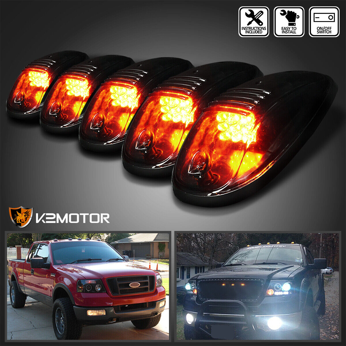 5PCS Smoke Lens LED Cab Roof Marker Running Lights Lamps Top Truck SUV 4x4