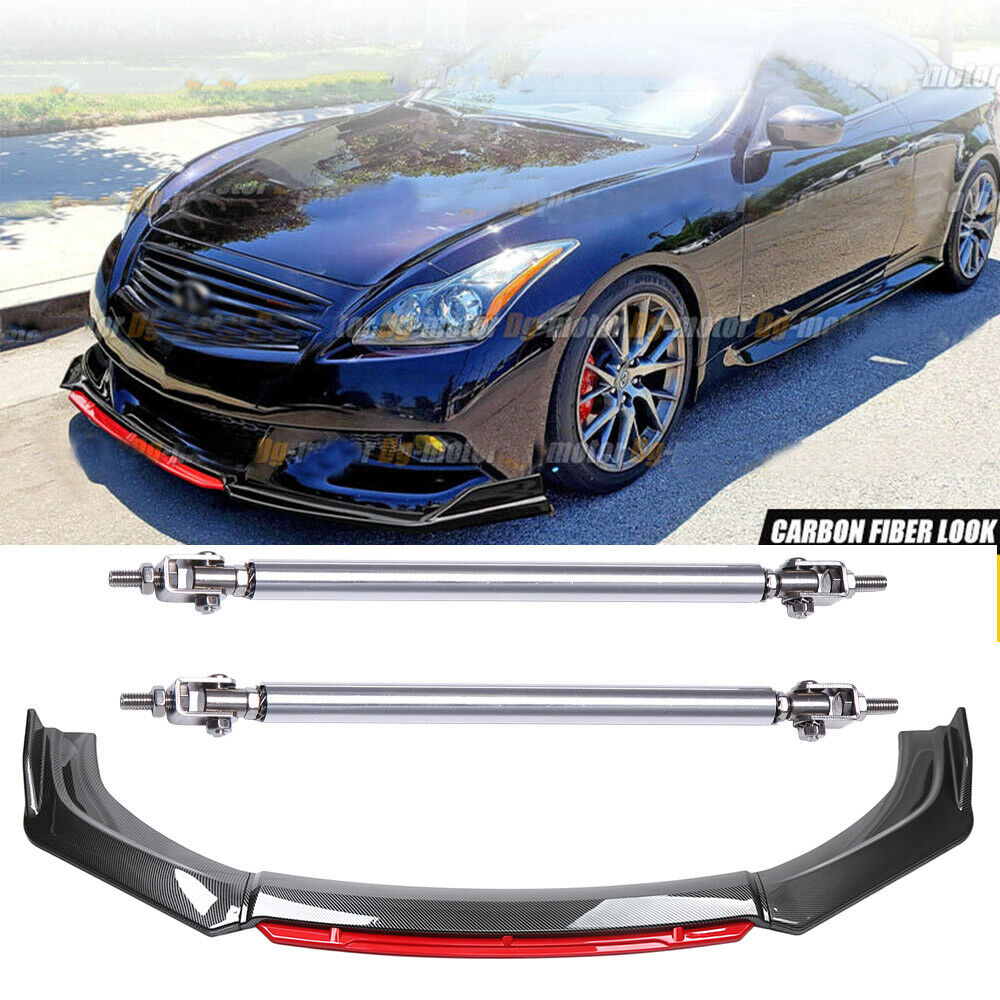 For Infiniti G37 Coupe Front Lower Splitter Lip Red N Carbon Print + Strut Rods