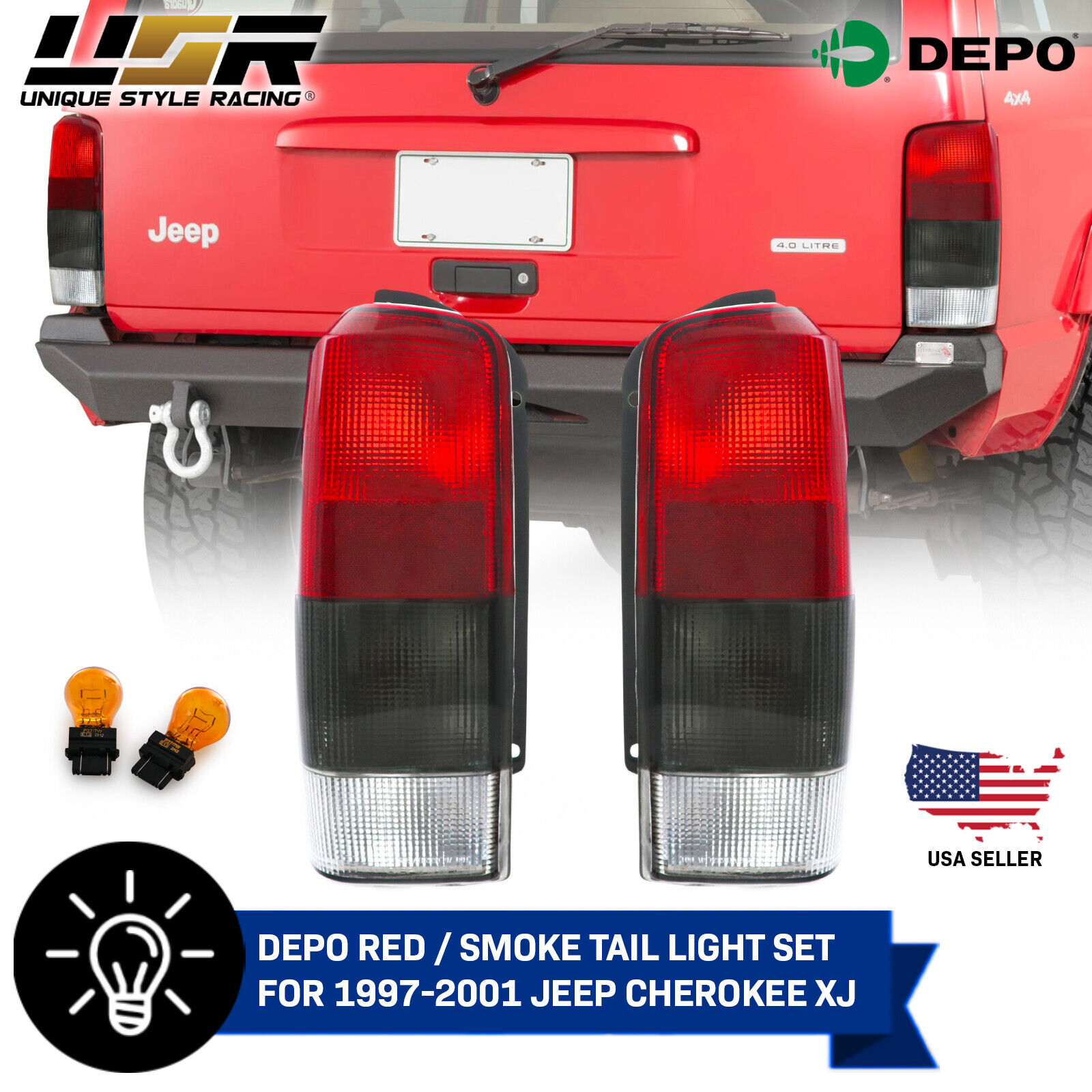 DEPO Pair of Red/Smoke Rear Tail Lights For 1997-2001 Jeep Cherokee XJ