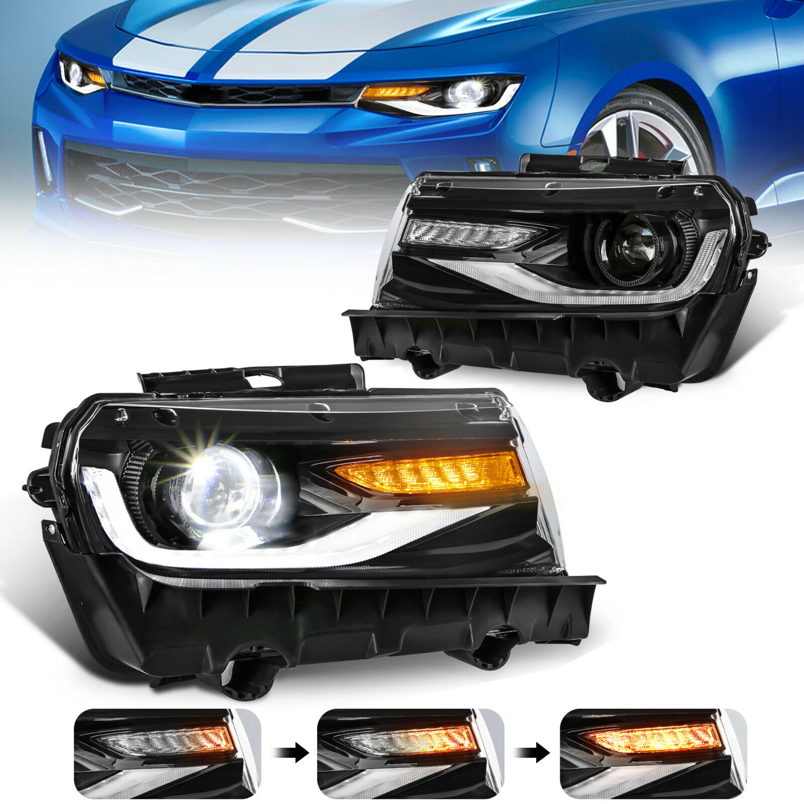 LH+RH LED Projector Headlights Front Lamps For 2014-2015 Chevrolet Chevy Camaro