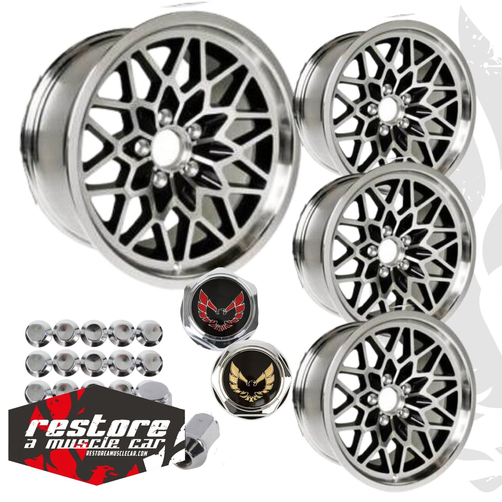 17x9 Black Snowflake Wheels Pontiac Trans Am Firebird w/Centercaps & Lug Nuts