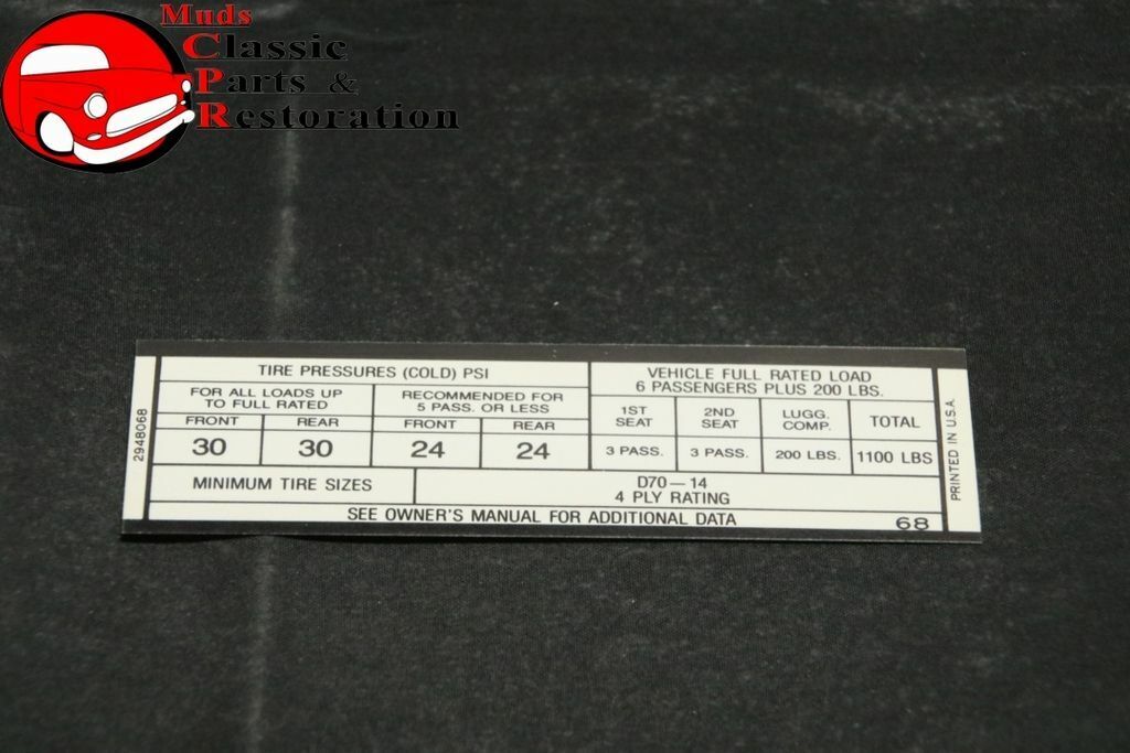 68 Plymouth Dodge Mopar Barracuda Tire Pressure Decal, D70x14 Models 2948068