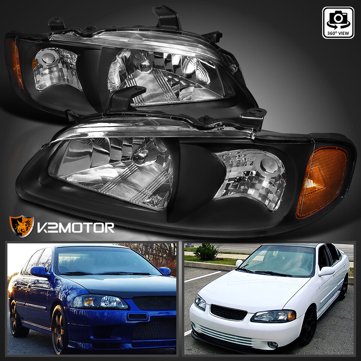 Black Fits 2000-2003 Sentra Headlights Lamps Assembly Left+Right 00 01 02 03