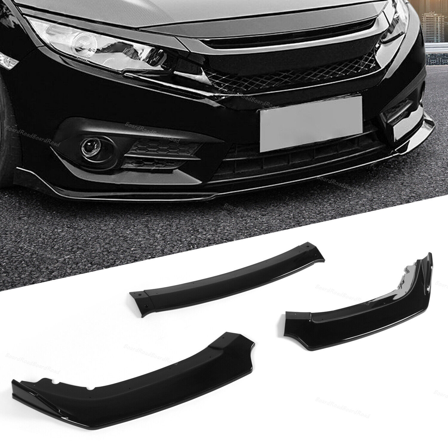 For 2016-2020 Honda Civic Glossy Black Front Bumper Body Kit Spoiler Lip 3PCS