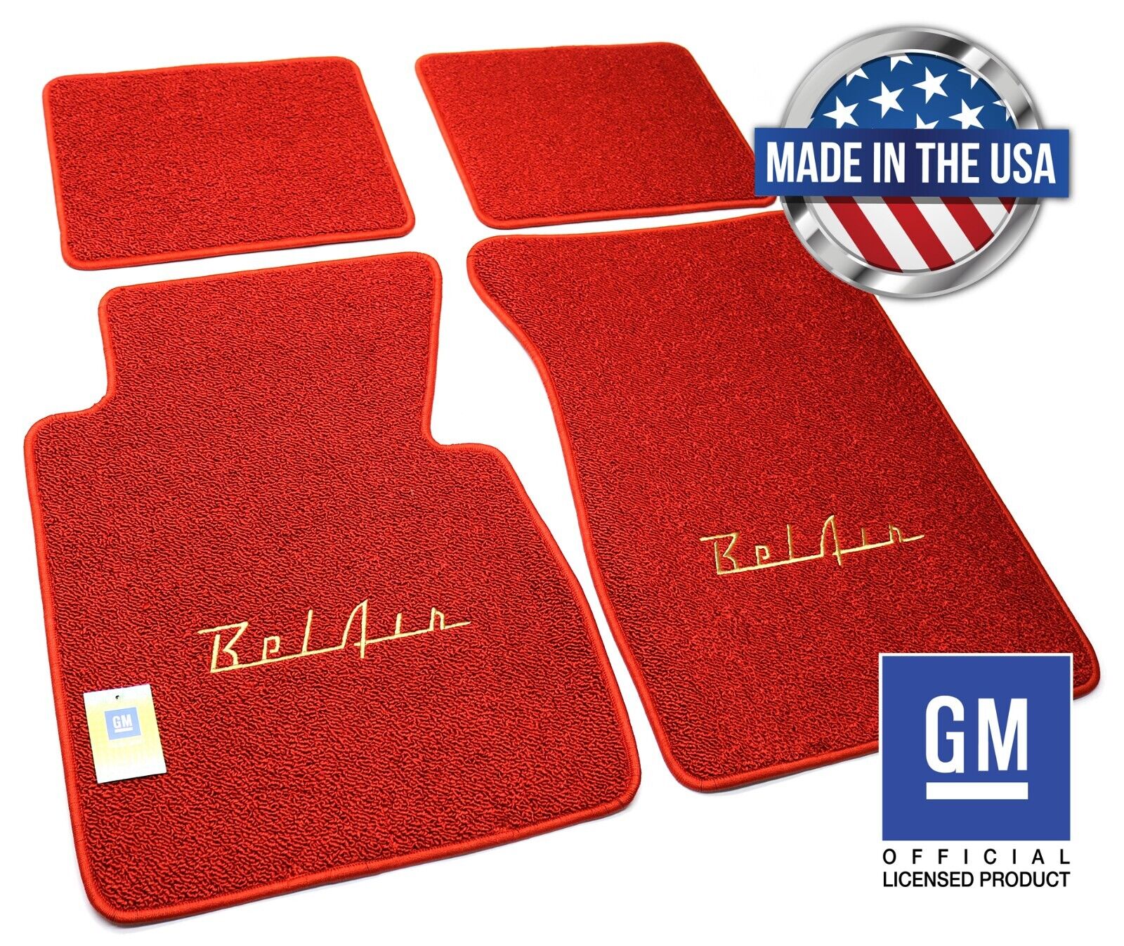 ACC 4-PC Red Floor Mat Set For 1957 Chevy w/Gold Bel Air Logo Loop Carpet