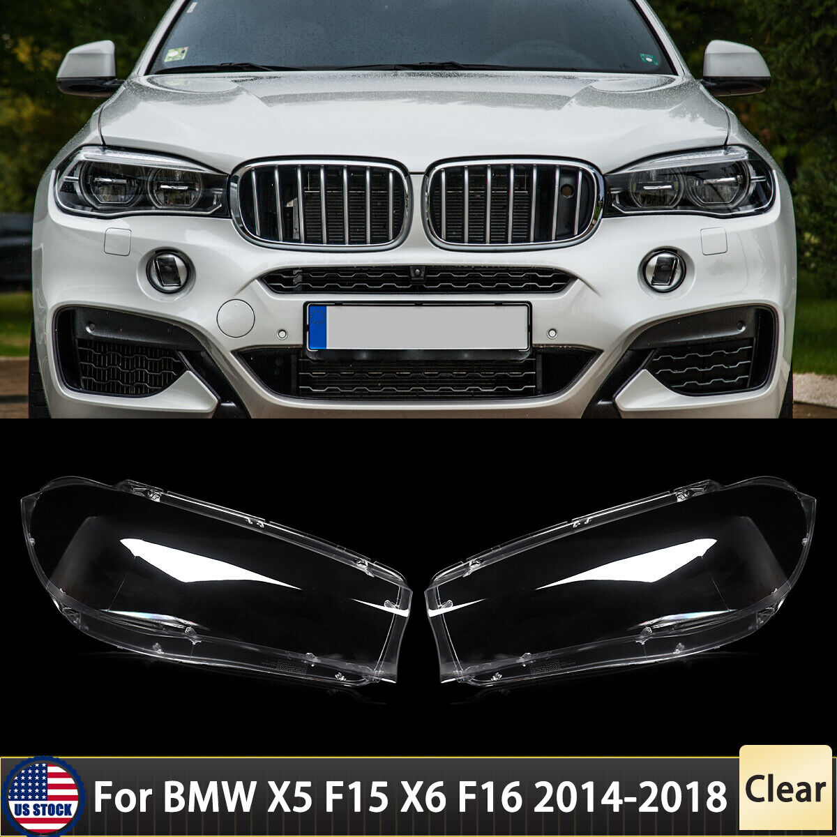 Left+Right Pair Headlight Lens Headlamp Cover For BMW X5 X6 F15 F16 2014-2018