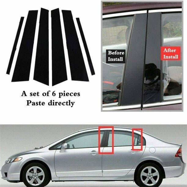 Window Pillar Posts Molding Black Cover Door Trims for Honda Civic Sedan 2006-11