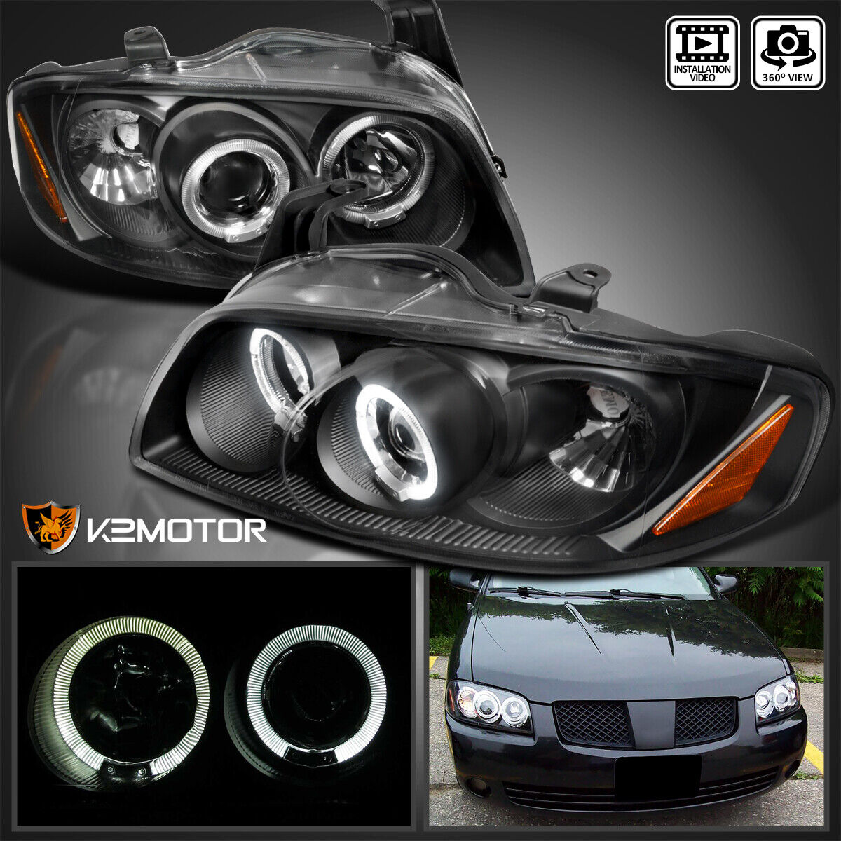 For 2004-2006 Nissan Sentra Black LED Halo Projector Headlights Left+Right 04-06