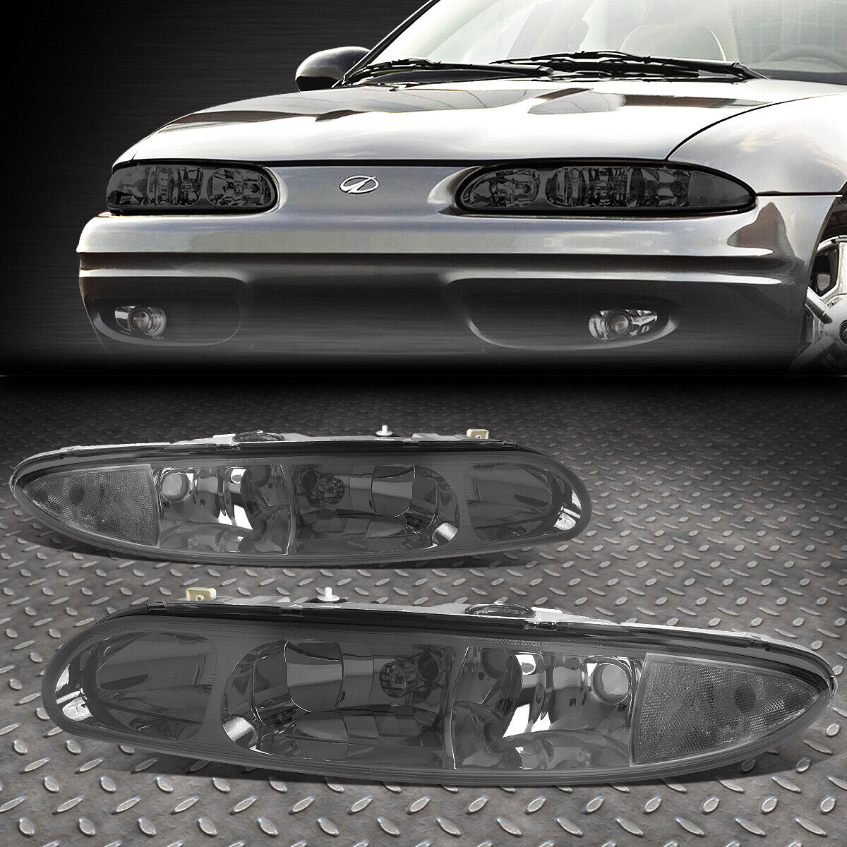 FOR 99-04 OLDSMOBILE ALERO PAIR SMOKED HOUSING CLEAR CORNER HEADLIGHT HEAD LAMPS