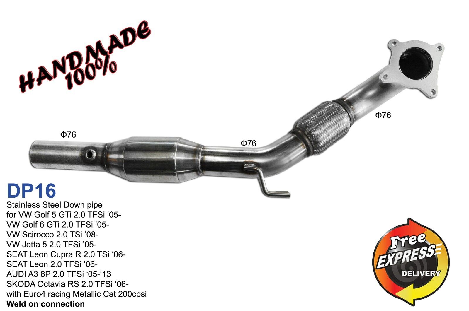 Downpipe Exhaust 76mm with CAT s/s for VW Golf 5 6 SEAT Leon AUDI A3 8P Octavia