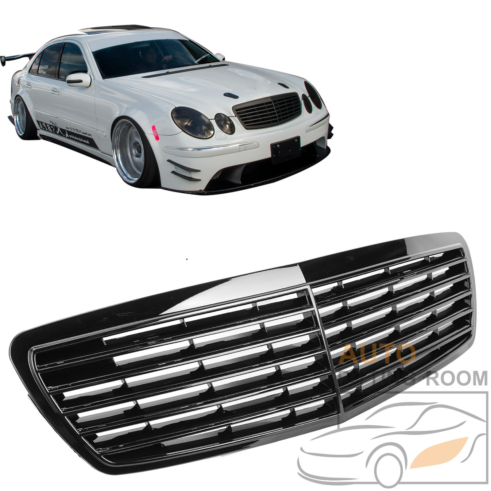 Gloss Black E63 AMG Style Front Grille Grill For Mercedes W211 E320 E350 2002-06