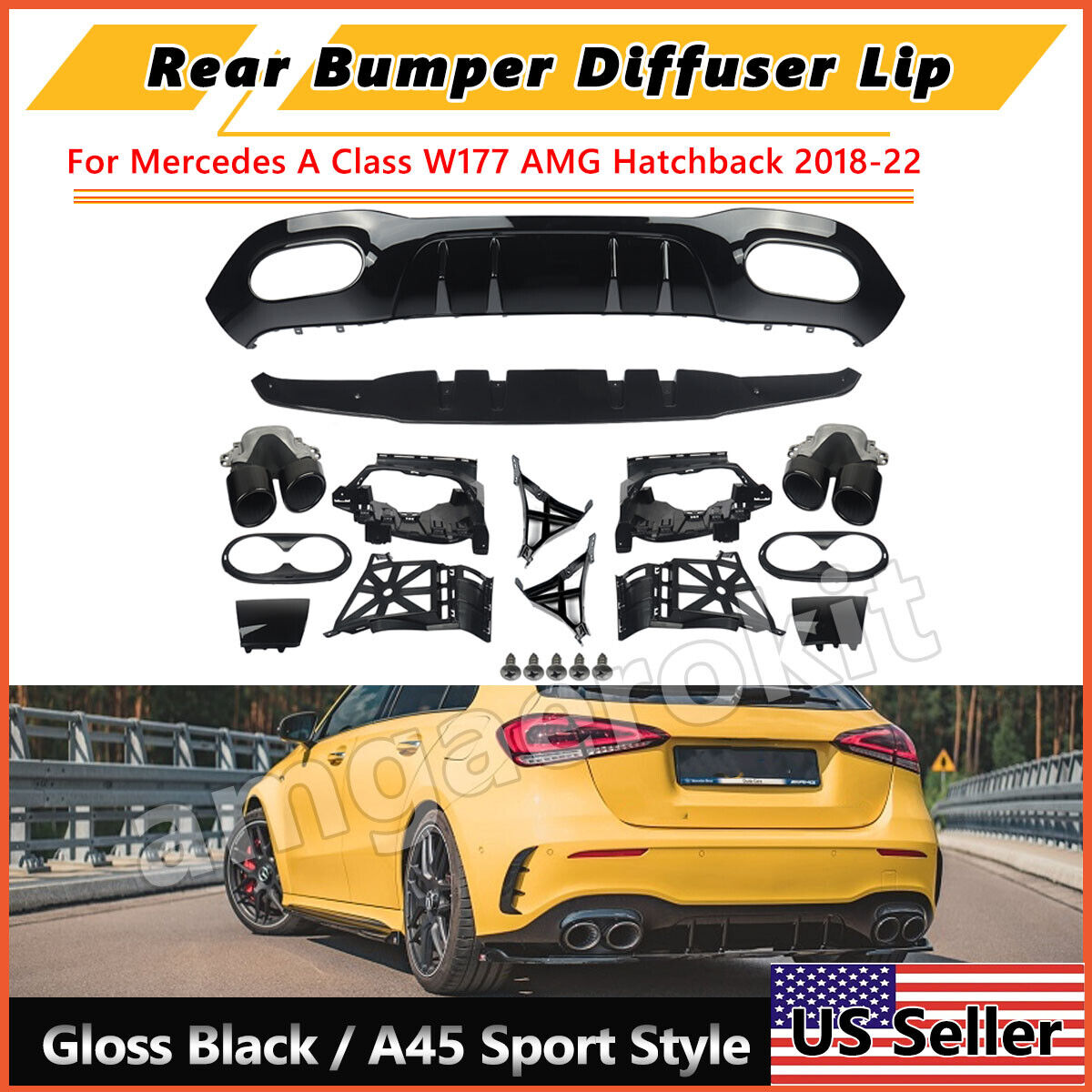 Rear Diffuser Lip W/Exhaust Tips For Mercedes 2018-2022 W177 A200 A45 AMG Look