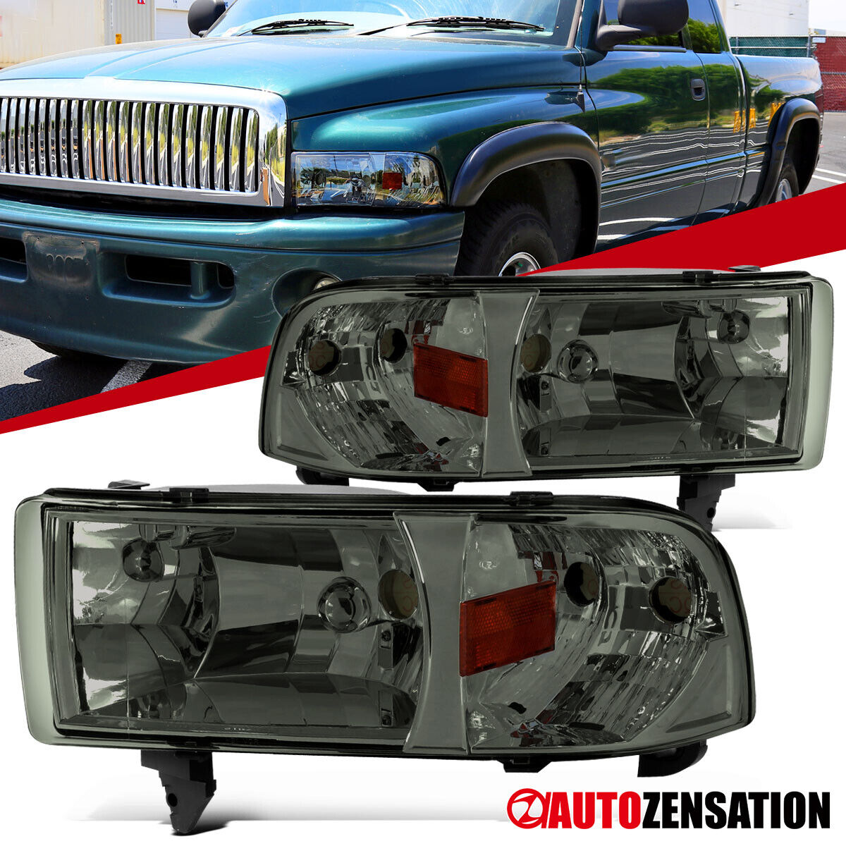 Fit 1994-2001 Dodge Ram 1500 2500 3500 Smoke Headlights Assembly Lamp Left+Right