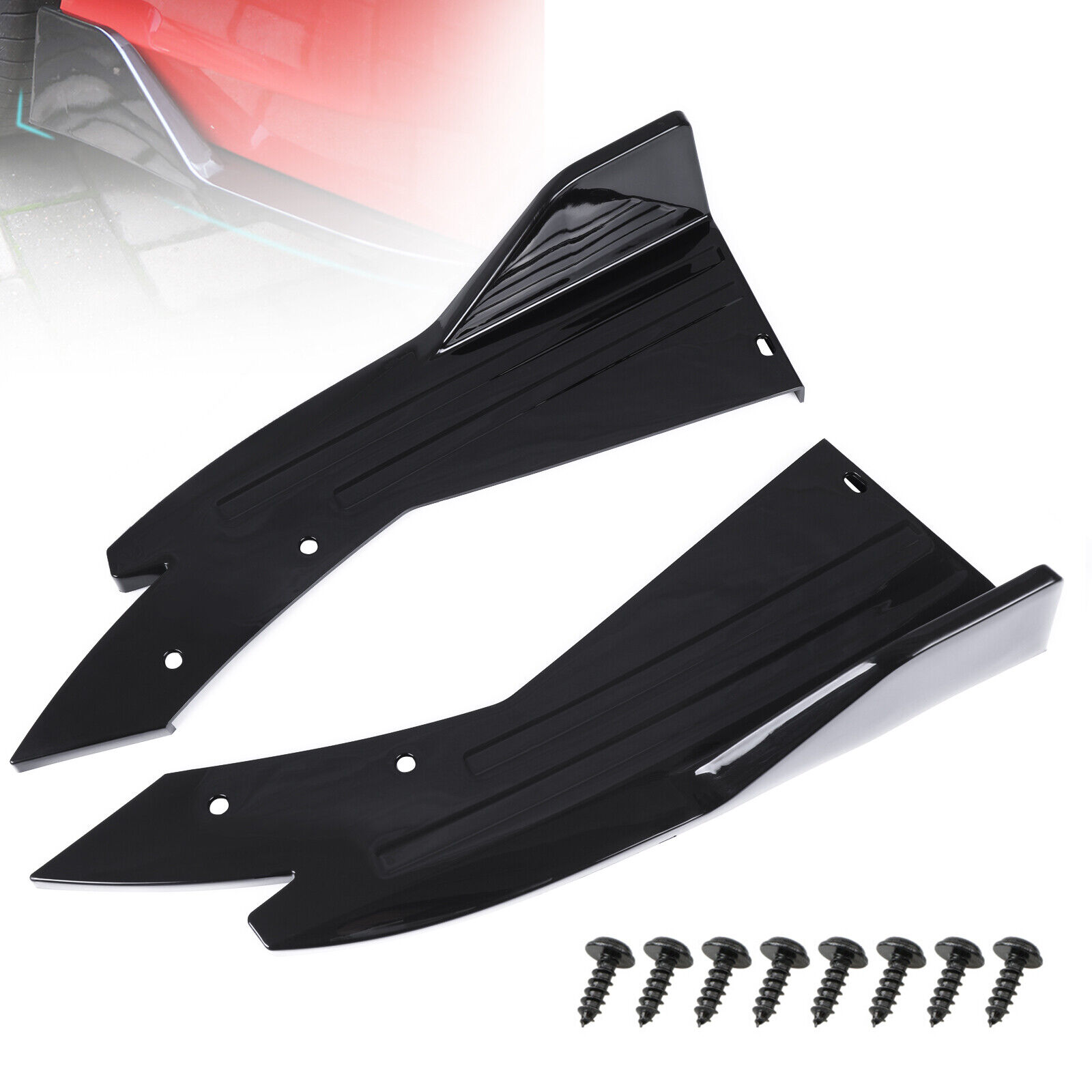 Car Rear Bumper Lip Diffuser Splitter Shark Fin Shape Side Skirt Glossy Black