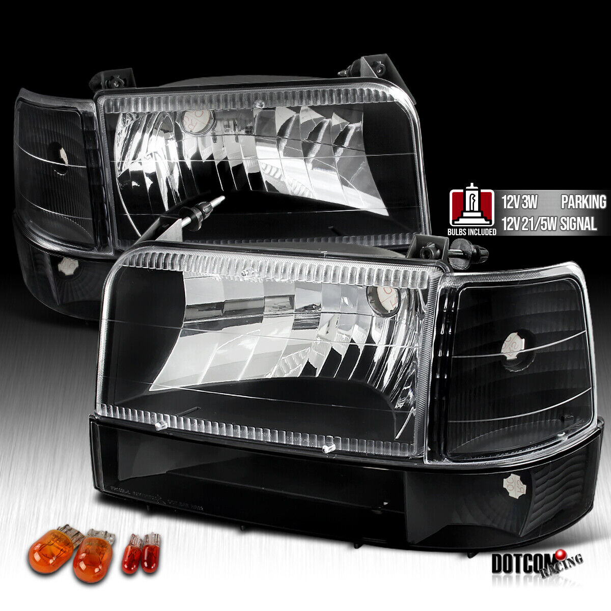 Fit 1992-1996 F150 250 350 Bronco Black Headlights Bumper Corner Signal Lamps