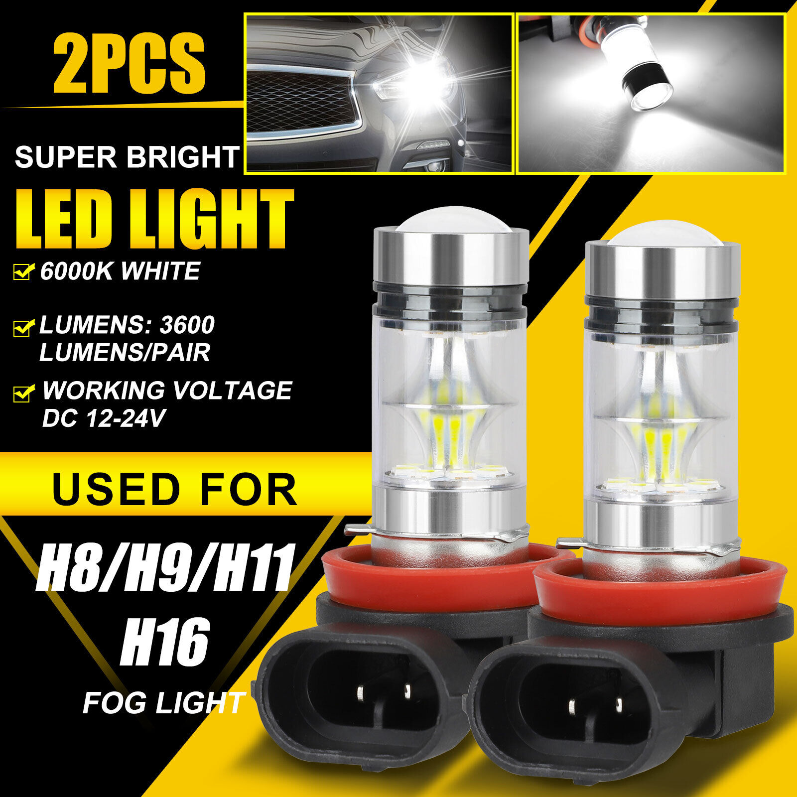 2x H8 H11 H16 LED Fog Driving Light Bulbs High Power 200W Lamp 6000K Super White