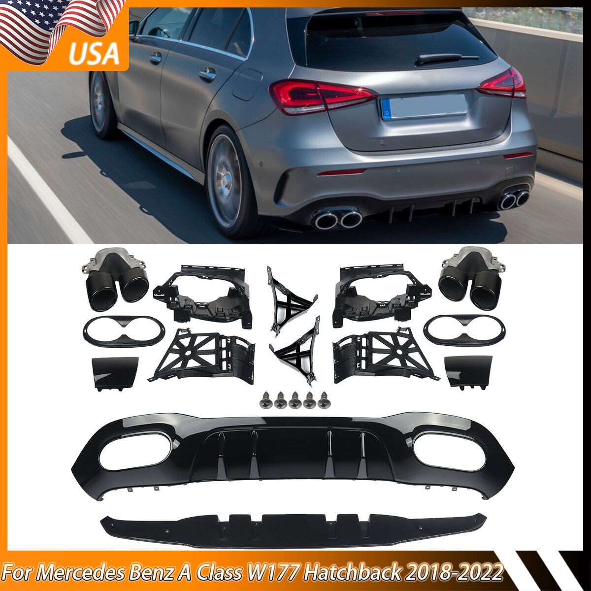 For Benz A45 AMG W177 2018-2022 Glossy Black Rear Diffuser Bumper Lip Spoiler