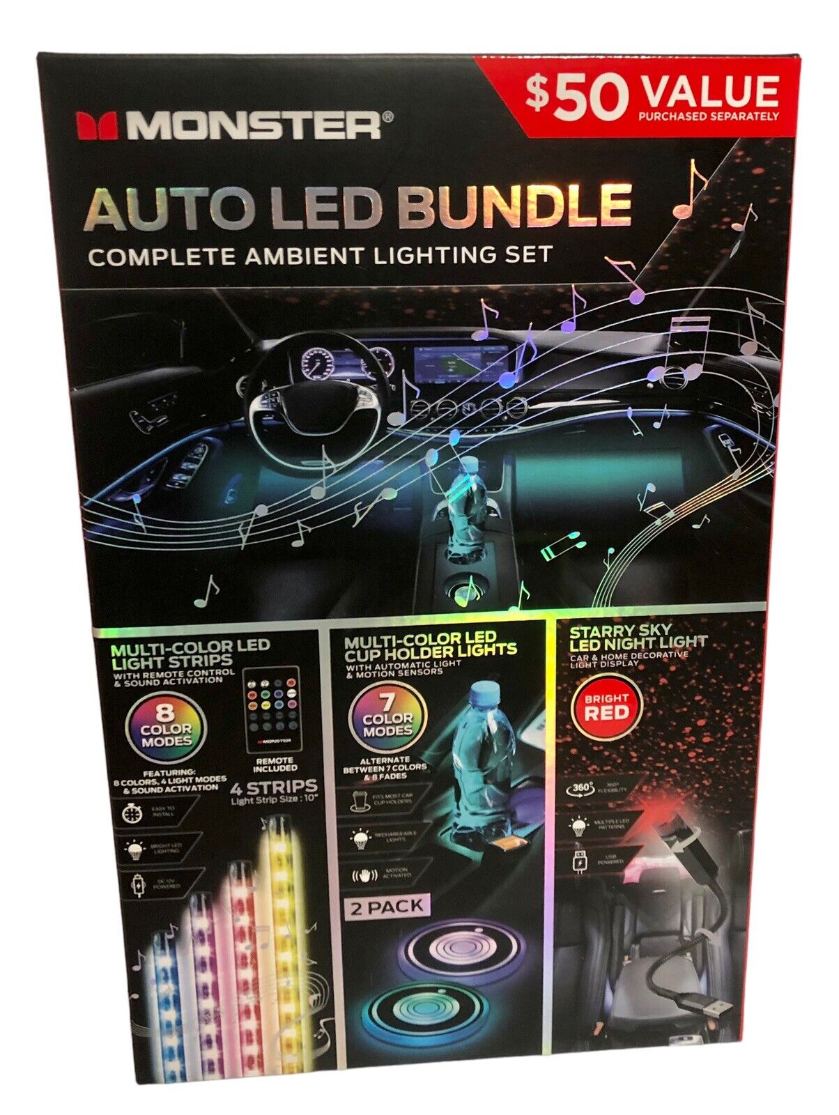 Monster Auto 5 Piece LED  Bundle Complete Vehicle Ambient Lighting Kit~Set - NEW